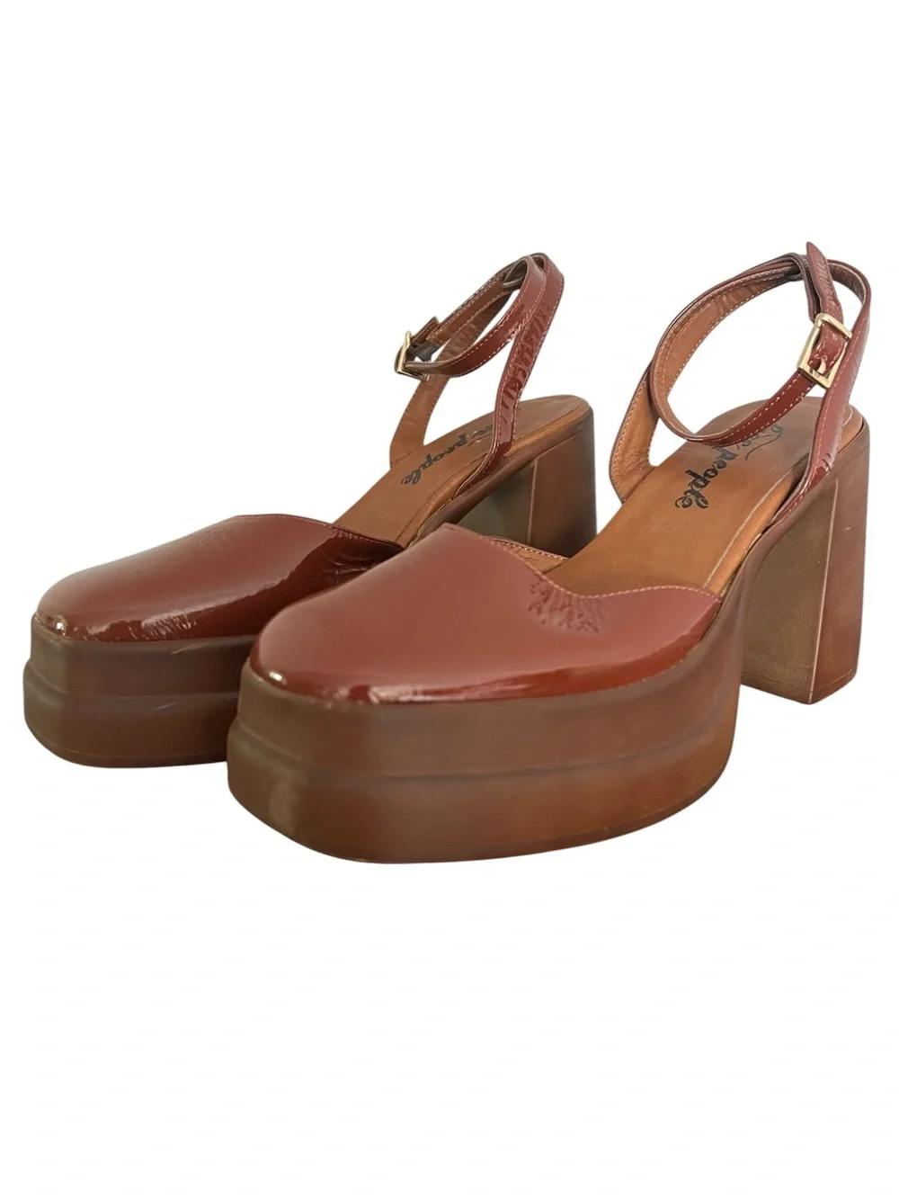 Free People Double Stack Platform Mary Jane Heels Brown Patent Leather 7.5 Boho